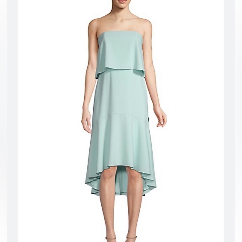 H by Halston Strapless Flowy High-Low Crepe Cocktail Dress Tiffany Blue